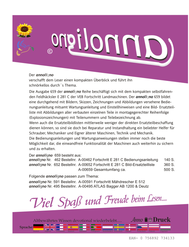 VEB Fortschritt Häcksler/Feldhäcksler Typ E 281 C Bild- Bedienungsanleitung & Wartungsanleitung & Bild- Ersatzteilliste & Explosionszeichnungen - annoligno 659